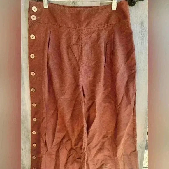Anthropologie Button Wide-Leg Ankle Pants in Rust Boho Linen Blend 6 Women's - Picture 6 of 11